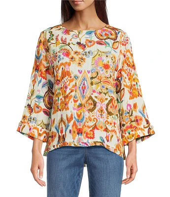 Tru Luxe Jeans Abstract Floral Crinkle Boat Neck 3/4 Sleeve Top