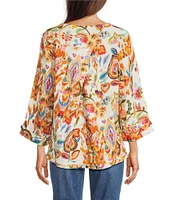Tru Luxe Jeans Abstract Floral Crinkle Boat Neck 3/4 Sleeve Top
