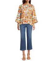 Tru Luxe Jeans Abstract Floral Crinkle Boat Neck 3/4 Sleeve Top