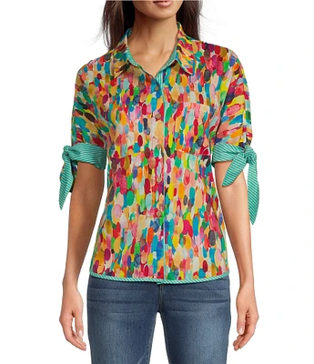 Tru Luxe Jeans Abstract Print Poplin Elbow Sleeve Banded With Tie Camp Shirt