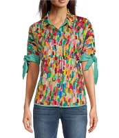 Tru Luxe Jeans Abstract Print Poplin Elbow Sleeve Banded With Tie Camp Shirt