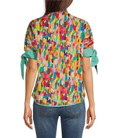 Tru Luxe Jeans Abstract Print Poplin Elbow Sleeve Banded With Tie Camp Shirt