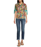 Tru Luxe Jeans Abstract Print Poplin Elbow Sleeve Banded With Tie Camp Shirt