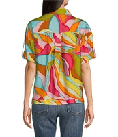 Tru Luxe Jeans Abstract Print Short Sleeve Button Front Top