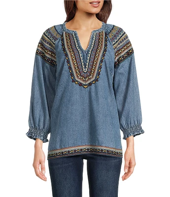 Tru Luxe Jeans Chambray Embroidered V-Neck 3/4 Sleeve Top