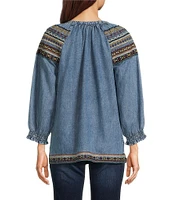 Tru Luxe Jeans Chambray Embroidered V-Neck 3/4 Sleeve Top