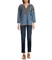 Tru Luxe Jeans Chambray Embroidered V-Neck 3/4 Sleeve Top