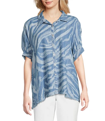 Tru Luxe Jeans Chambray Point Collar Elbow Sleeve Button Front Shirt