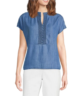 Tru Luxe Jeans Chambray Split V-Neck Cap Sleeve Crochet Trim Top