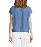 Tru Luxe Jeans Chambray Split V-Neck Cap Sleeve Crochet Trim Top