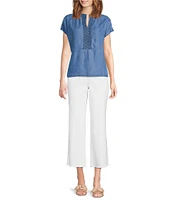 Tru Luxe Jeans Chambray Split V-Neck Cap Sleeve Crochet Trim Top