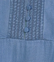 Tru Luxe Jeans Chambray Split V-Neck Cap Sleeve Crochet Trim Top