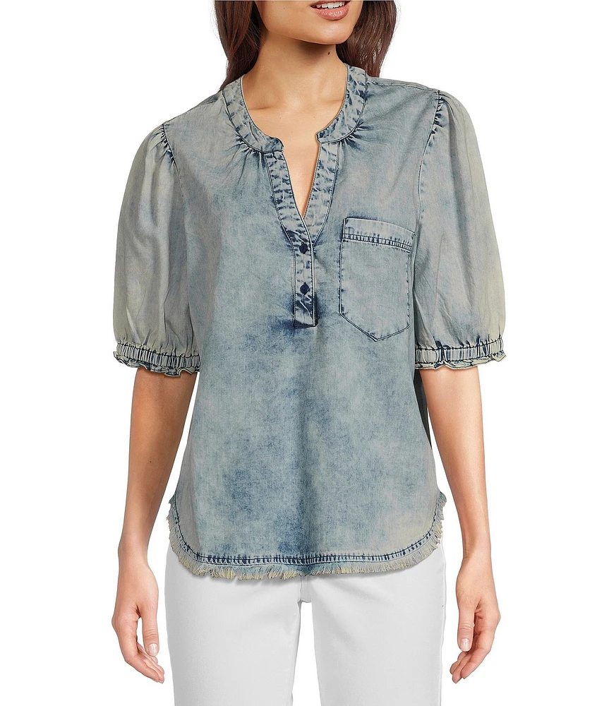 Tru Luxe Jeans Chambray Split V-Neck Short Sleeve Henley Top