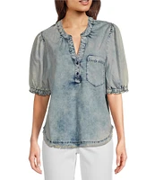 Tru Luxe Jeans Chambray Split V-Neck Short Sleeve Henley Top