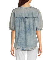 Tru Luxe Jeans Chambray Split V-Neck Short Sleeve Henley Top
