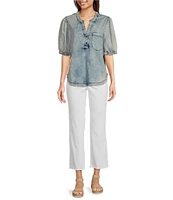 Tru Luxe Jeans Chambray Split V-Neck Short Sleeve Henley Top
