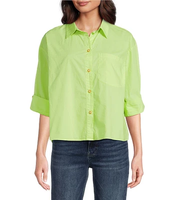 Tru Luxe Jeans Cotton Poplin Point Collar 3/4 Sleeve Camp Shirt