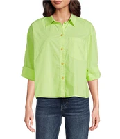 Tru Luxe Jeans Cotton Poplin Point Collar 3/4 Sleeve Camp Shirt
