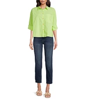 Tru Luxe Jeans Cotton Poplin Point Collar 3/4 Sleeve Camp Shirt