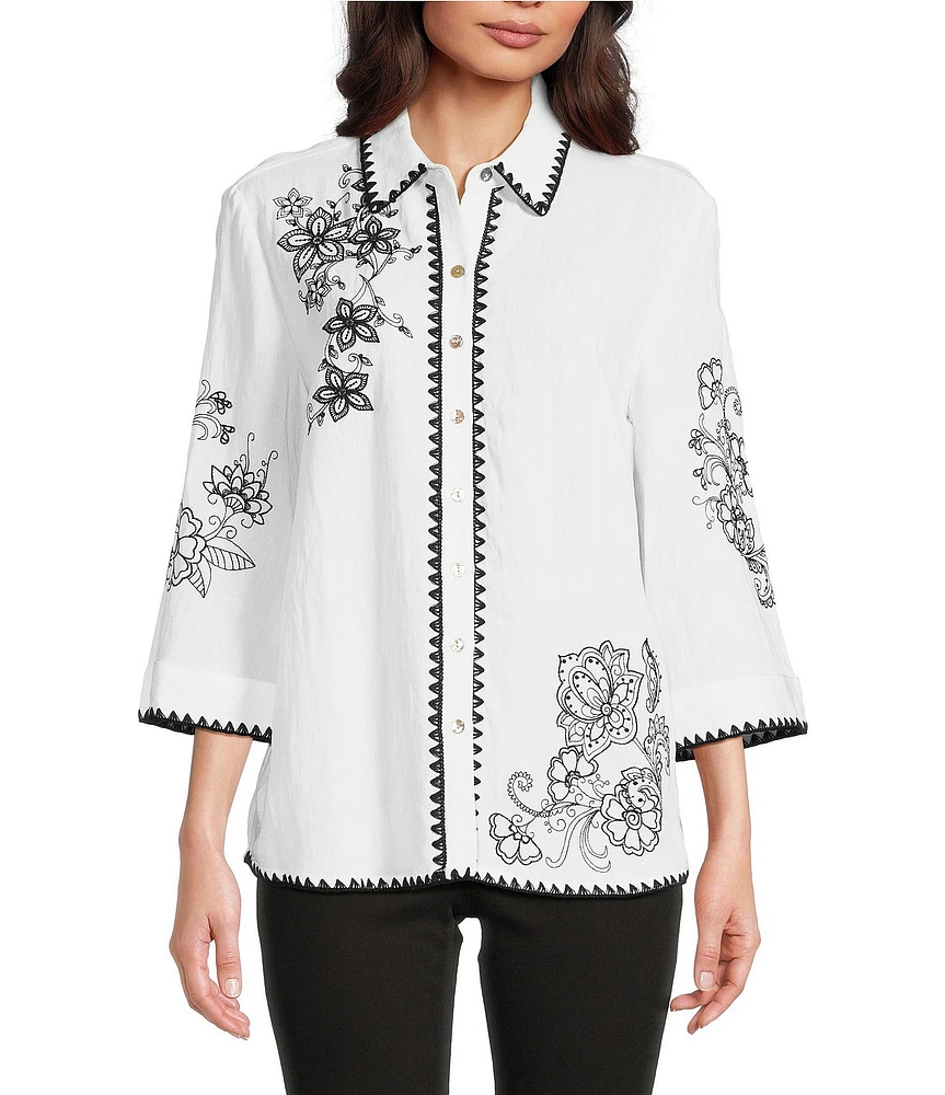 Tru Luxe Jeans Crochet Stitch Embroidered 3/4 Sleeve Button Front Shirt