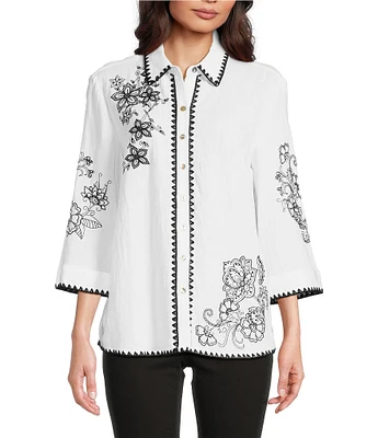 Tru Luxe Jeans Crochet Stitch Embroidered 3/4 Sleeve Button Front Shirt