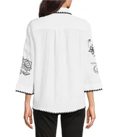Tru Luxe Jeans Crochet Stitch Embroidered 3/4 Sleeve Button Front Shirt