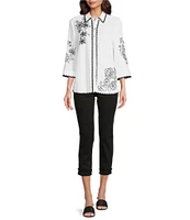 Tru Luxe Jeans Crochet Stitch Embroidered 3/4 Sleeve Button Front Shirt
