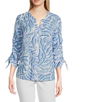 Tru Luxe Jeans Dobby Stripe Printed Split V-Neck 3/4 Sleeve Button Front Top