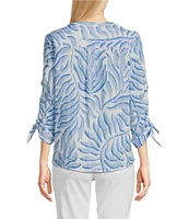 Tru Luxe Jeans Dobby Stripe Printed Split V-Neck 3/4 Sleeve Button Front Top