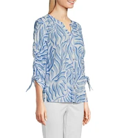 Tru Luxe Jeans Dobby Stripe Printed Split V-Neck 3/4 Sleeve Button Front Top