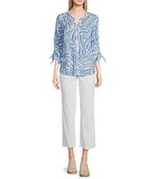 Tru Luxe Jeans Dobby Stripe Printed Split V-Neck 3/4 Sleeve Button Front Top