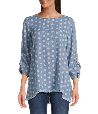 Tru Luxe Jeans Dot Printed Chambray Scoop Neck 3/4 Sleeve Lace-Up Top