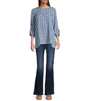 Tru Luxe Jeans Dot Printed Chambray Scoop Neck 3/4 Sleeve Lace-Up Top