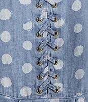 Tru Luxe Jeans Dot Printed Chambray Scoop Neck 3/4 Sleeve Lace-Up Top