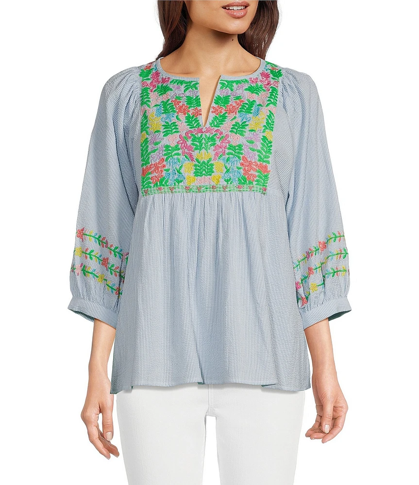Tru Luxe Jeans Embroidered Split V-Neck 3/4 Sleeve Popover Top