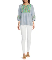 Tru Luxe Jeans Embroidered Split V-Neck 3/4 Sleeve Popover Top
