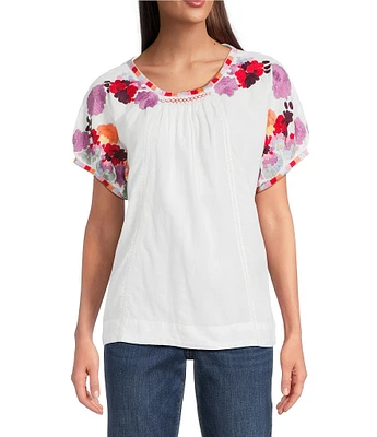 Tru Luxe Jeans Embroidered Batteau Neck Short Sleeve Top