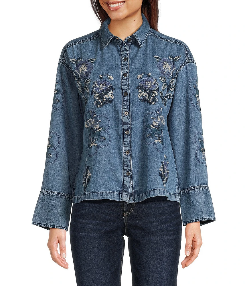 Tru Luxe Jeans Embroidered Collared Neck Long Sleeve Top
