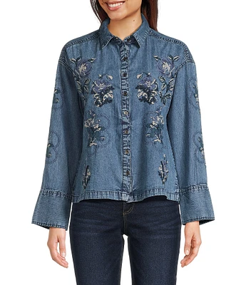 Tru Luxe Jeans Embroidered Collared Neck Long Sleeve Top