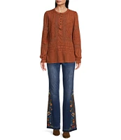 Tru Luxe Jeans Embroidered Round Neck Long Sleeve Top