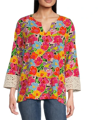Tru Luxe Jeans Floral Crepe Split Notch Neckline 3/4 Sleeve Top