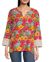 Tru Luxe Jeans Floral Crepe Split Notch Neckline 3/4 Sleeve Top