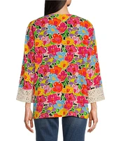 Tru Luxe Jeans Floral Crepe Split Notch Neckline 3/4 Sleeve Top