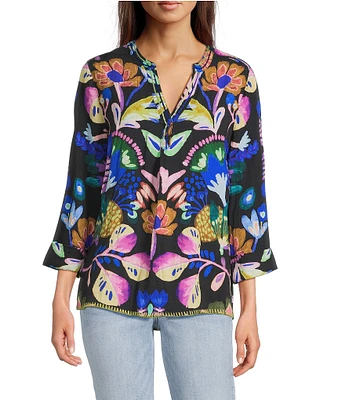 Tru Luxe Jeans Floral Crinkle Embroidered Trim Split Neck 3/4 Sleeve Top