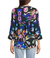 Tru Luxe Jeans Floral Crinkle Embroidered Trim Split Neck 3/4 Sleeve Top
