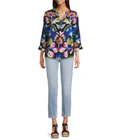 Tru Luxe Jeans Floral Crinkle Embroidered Trim Split Neck 3/4 Sleeve Top