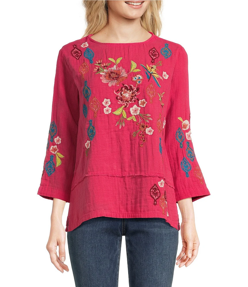 Tru Luxe Jeans Floral Embroidery Boat Neck 3/4 Sleeve Top