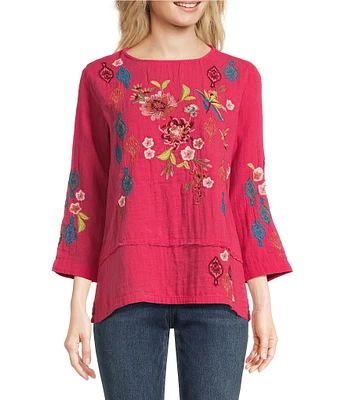 Tru Luxe Jeans Floral Embroidery Boat Neck 3/4 Sleeve Top