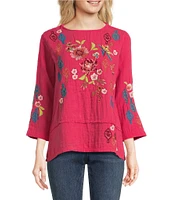 Tru Luxe Jeans Floral Embroidery Boat Neck 3/4 Sleeve Top