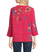 Tru Luxe Jeans Floral Embroidery Boat Neck 3/4 Sleeve Top